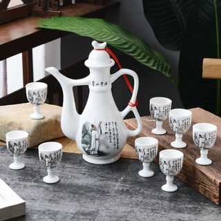 Creative retro ceramic wine set, white wine flask, small wine cup, household chinese antique wine set, wine divider, li bai doujiu 9-piece set, 3-coin goblet