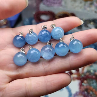 Huangben natural aquamarine round bead pendant sterling silver necklace women's clavicle chain transfer beads versatile gift 15+mm pendant style