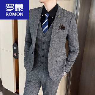 Romon suit men's slim casual business formal wear groom wedding dress plaid suit jacket trend 2017 gray plaid single-piece suit top xl 121-135jin jin is equal to 0.5 kg