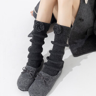Special socks for women in autumn and winter thickened warm pile socks handmade camellia heavy industry flanging korean calf retro leg covers dark gray one size