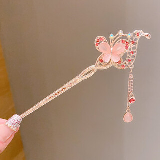 Wanbaozi children's ancient style hanfu butterfly hairpin children's updo hairpin headband wind hairpin tassel hairpin hair accessory diefei-pink