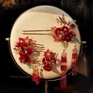 Fuwu bridal headdress chinese style simple red velvet flower xinhexin wedding tassel wedding dress hair accessories red