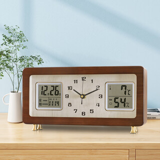 Compas solid wood series table clock home living room perpetual calendar walnut table clock high-end wooden desktop quartz clock 280 (walnut frame + brass legs)