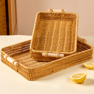 Lekali imitation rattan tray fruit tray home high-end living room snack bread basket steamed bun basket purely handwoven afternoon tea tray imitation rattan tray with handle large size