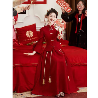 Seidler toast wear bridal cheongsam 2025 new thickened engagement dress new chinese style wedding long sleeve women's autumn and winter burgundy one size customized no returns available