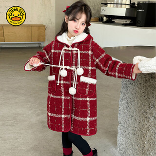 G.duckkids girls and children's woolen coat 2024 new children's clothing korean style new woolen plaid plus velvet winter thick coat red 120 cm