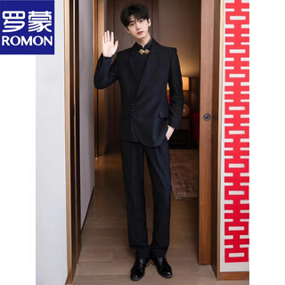 Romon high-end new chinese style zhongshan suit jacket for men engaged groom wedding chinese style suit dress tang suit black two-piece suit jacket + pants xl