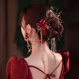 Mrs. ming's bridal tiara burgundy flower clip-on earrings set rhinestone tassel hairpin toasting clothing accessories burgundy flower hairpin + earrings