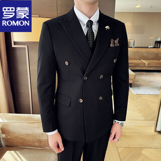 Romon diagonal striped suit suit men's british business formal double-breasted groom's wedding thickened dress suit three-piece black (suit + pants + vest) xl 52 reference 125-135jin jin is equal to about 0.5 kg