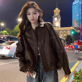 Langwei feiere brown leather jacket women's autumn korean style new hot cool girl motorcycle wear loose long sleeve jacket top brown version l recommendation 110-120jin jin is equal to 0.5 kg