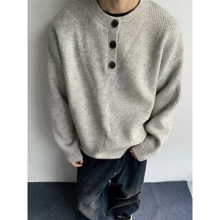 She man lai sweater men's 2024 autumn and winter new gray american retro henley collar lazy style cleanfit sweater men gray xl