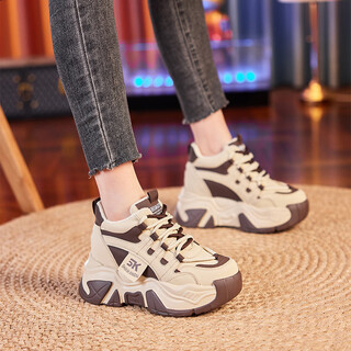 Sipuwang dad's shoes for women 2025 autumn and autumn new inner height casual wedge student shoes versatile color blocking women's shoes rice color single liner single layer 39