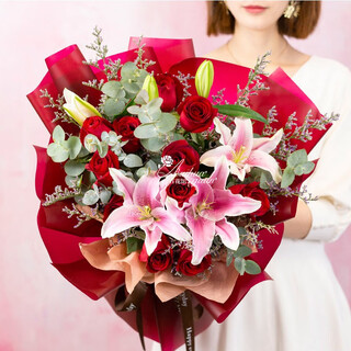 Baihua pavilion flowers hourly bouquet of real roses and gypsophila, valentine's day birthday gift for girlfriend to express love, delivered in the same city, love till old age, 11 red roses + lily + lover's grass | t79