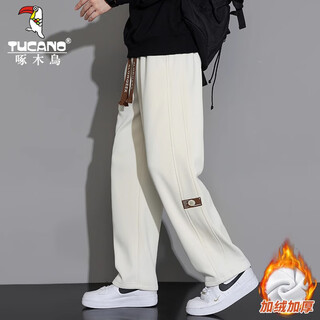 Woodpecker pants men's velvet thickened autumn and winter new style 2025 straight sportswear loose wide-leg elastic casual trousers k009 apricot plus velvet plus velvet xl