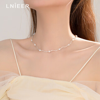 Lnieer925 silver freshwater pearl wave necklace women's simple light luxury design versatile french retro clavicle chain necklace freshwater pearl necklace s925 silver