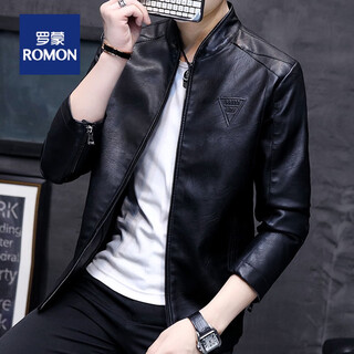 Romon 2024 autumn and winter plush leather jacket men's slim-fitting motorcycle stand collar men's leather jacket casual jacket men's fashion black xl