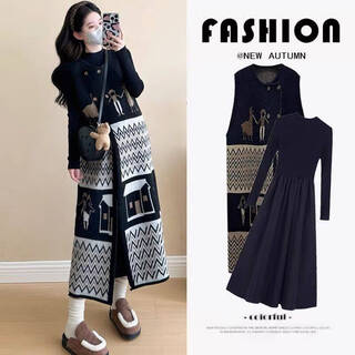 Yibaiyi (yibaiyi) maternity wear autumn and winter retro literary thickened sweater vest skirt half turtleneck knitted bottoming dress two-piece suit black vest + black bottoming skirt xxl