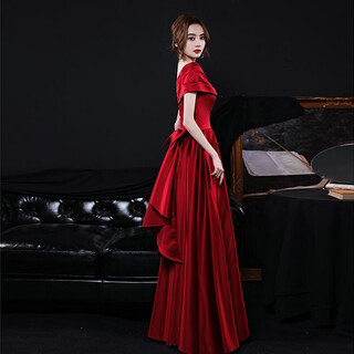 Yingwen toasting dress bride's new arm-covering 2022 autumn small burgundy engagement dress satin long burgundy long m (recommended 96-105 jin jin equals 0.5 kg)