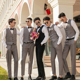 Xin zhizhan groomsmen clothing brotherhood clothing men's three-piece shirt men's clothing wedding dress gray vest + gray pants + shirt + bow tie l