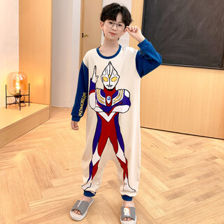 Children's one-piece pajamas for boys spring and autumn pure cotton long-sleeved thin section 2025 new boys' one-piece sleeping bag home clothes 5148 size 14 recommended height 130-140cm