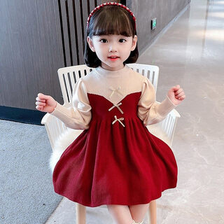 Beixinbei 2-year-old girl's dress spring and autumn style one-year-old baby girl clothes 1-5 years old girl fashionable knitted princess dress burgundy contrast sweater dress 110 recommended for about 3 years old