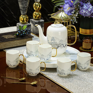 Huangtong light luxury high-end jingdezhen ceramic tea set complete water set household water cup tea cup hospitality cup gift jinxiu shanhe 8 pieces water set gift box