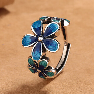 Didizoo small fresh jade blue enamel flower ring for women pastoral style glue craft silver fashion creative index finger ring hr811 cloisonné flower ring opening adjustable