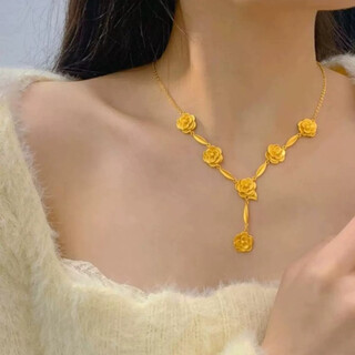 Holy glass gold 18k romantic golden camellia necklace simulated 999 wedding three gold niche fashion neckwear for girlfriend camellia necklace