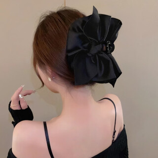 Xinghengmeng big bow clip women's 2024 high-end face revealing small back head hair shark clip large clip hairpin decoration black satin bow clip