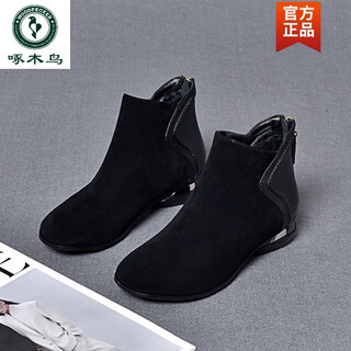 Woodpecker winter new leather frosted short boots soft sole ankle boots martin boots women's single boots round toe plus velvet cotton boots black single boots 35