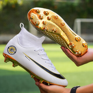 Yujiang dark evil cristiano ronaldo assassin 14 football shoes for boys and girls training high top competition adults 5 w8376 white/gold bottom long nails electroplated gold bottom 40