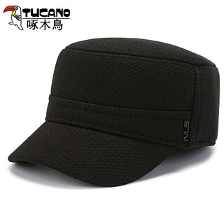 Woodpecker middle-aged and elderly men's winter dad flat-top cotton hat, old man, grandfather and old man's velvet ear protection warm duck cap, black, velvet and thick, one size fits all, adjustable hat circumference (head circumference 54-60cm)