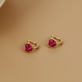 Dl 1998 fat donglai same style 18k gold love earrings k gold red zircon ear bone buckle sweet and fresh age-reducing girl ins small red heart earrings