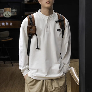 Jeanswest spring and autumn pure cotton long-sleeved t-shirt men's tops autumn clothes sweatshirts loose inner layering shirts men's henry collar white l suitable for 130-145 jin jin equals 0.5 kg