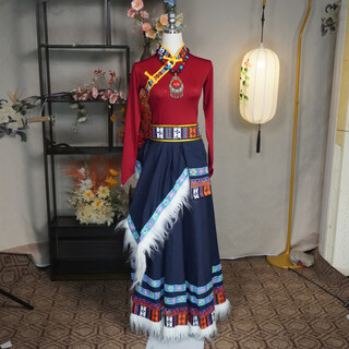 Xibai tibetan ethnic art exam dance performance costumes skirts students practice exercises swing skirts navy skirt + burgundy top (free headgear) l