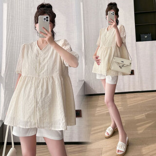 2025 new maternity wear summer wear korean style short-sleeved summer thin top fashion loose maternity shirt doll shirt apricot top l