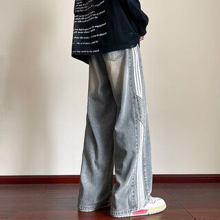 卡图弛美式高街三条杠牛仔裤男春秋季宽松直筒阔腿裤子潮牌复古长裤男装 蓝色【常规】 2XL