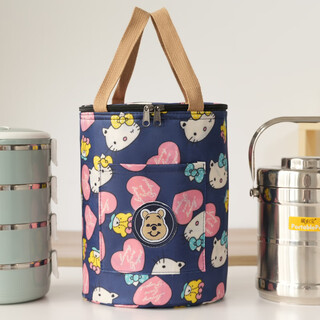 Zhangu round insulated lunch box bag aluminum foil thickened handbag for office workers with rice buckets round insulated style bear label kt cat large diameter 23 cm high 29 cm