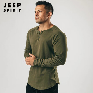 Jeep spirit retro heavy henley long sleeve t-shirt solid color sports fitness bottoming shirt men's pure cotton stretch thin v-neck cardigan army green 2xl