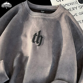 Dingfengbaoluo sweatshirt men's autumn and winter round neck suede long-sleeved top loose american trendy brand dfl05 dark gray l