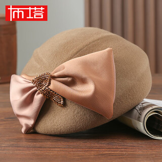 Buta autumn and winter wool beret retro woolen hat for women winter new big bow retro temperament beret hat camel