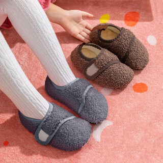 Plaid bear children's cotton shoes indoor floor shoes autumn and winter plus velvet thick slippers baby toddler shoes winter non-slip soft soled fur shoes gray pair (adhesive style) 14.5 cm shoe inner length (reference age 1.5-2 years old)