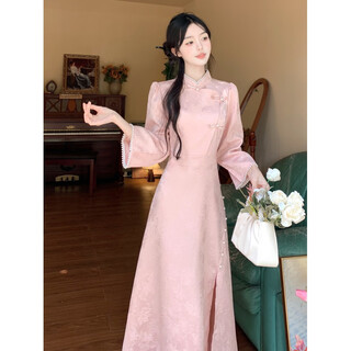 Zhiliguan improved flag new chinese style light national style long-sleeved dress for women 2024 autumn and winter new style young temperament robe for daily wear pink large size 2xl