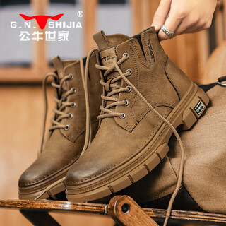 公牛世家【张若昀同款】马丁靴男英伦风复古做旧高帮厚底靴子男士工装靴