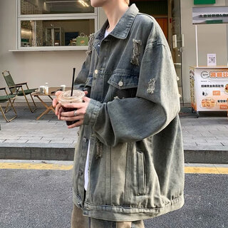 Cha bailun cheldbailannc denim jacket for men 2025 autumn hong kong style ripped american high-end loose student handsome trendy jacket for men y1108 blue xl