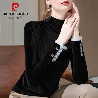 Pierre cardin european station velvet bottoming shirt for women with fashionable gold velvet top 2025 autumn and winter new long-sleeved t-shirt black with buttons thin section m 80-90jin jin is equal to 0.5 kg