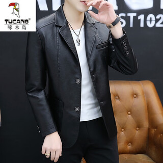 Woodpecker (tucano) casual soft leather jacket men's mid-length slim spring autumn thin leather jacket suit collar simulated leather jacket men's black m