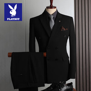 Playboy suit men's british style double-breasted business casual suit three-piece suit groom wedding dress small suit men black three-piece suit (suit + vest + pants) 62/6xl size free brooch + pocket square
