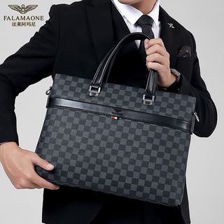 Falai armani falai anima business printed men's bag cowhide bag crossbody bag men's handbag large capacity official notebook gw415 black plaid large bag 14 inches