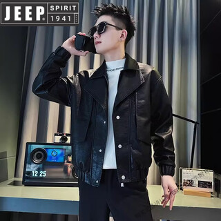 Jeep spirit short leather jacket men's spring and autumn 2025 new single-breasted lapel motorcycle leather jacket trendy men's black m 95-120jin jin equals 0.5 kg
